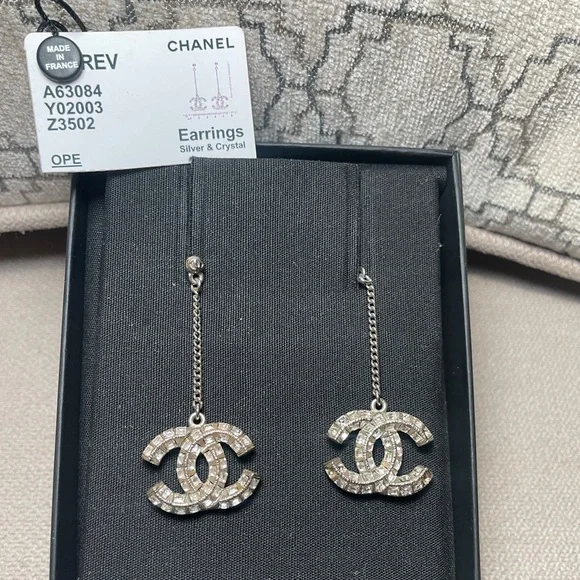 Authentic CHANEL Silver and Crystal Logo Earrings - Picture 6 of 7